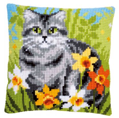 click here to view larger image of Cat Between Flowers Cushion (counted canvas kit)