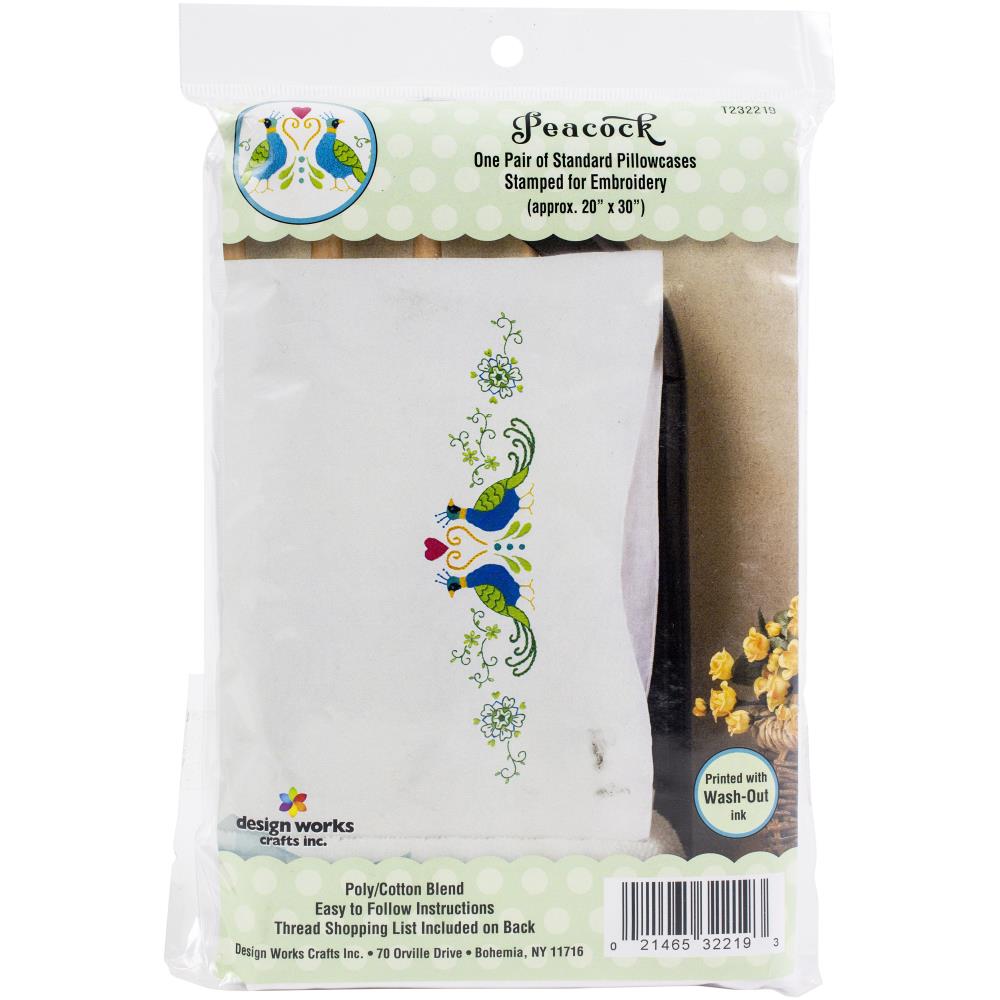 click here to view larger image of Peacock Stamped Pillowcase Pair  (stamped cross stitch)